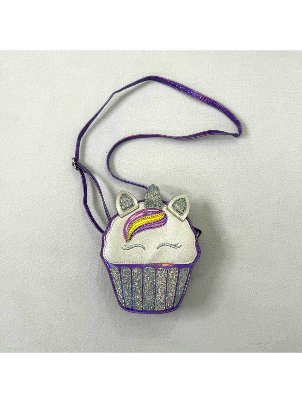 Childrens Unicorn Cupcake Crossbody Purse Sparkly Purple Metallic